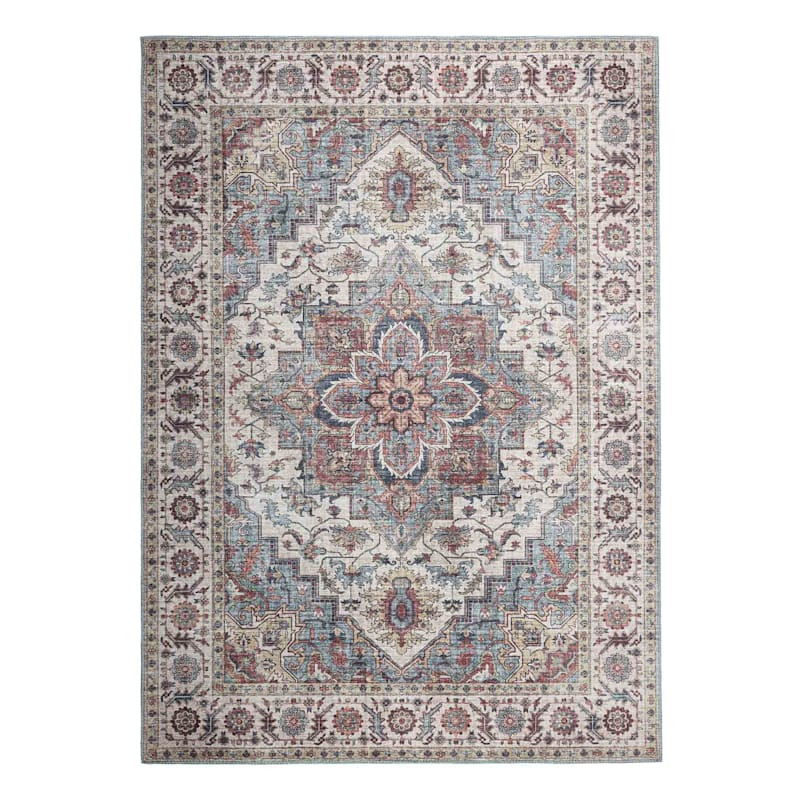(D448) Chenille Printed Vintage Look Blue Medallion Accent Rug, 2x5 | At Home