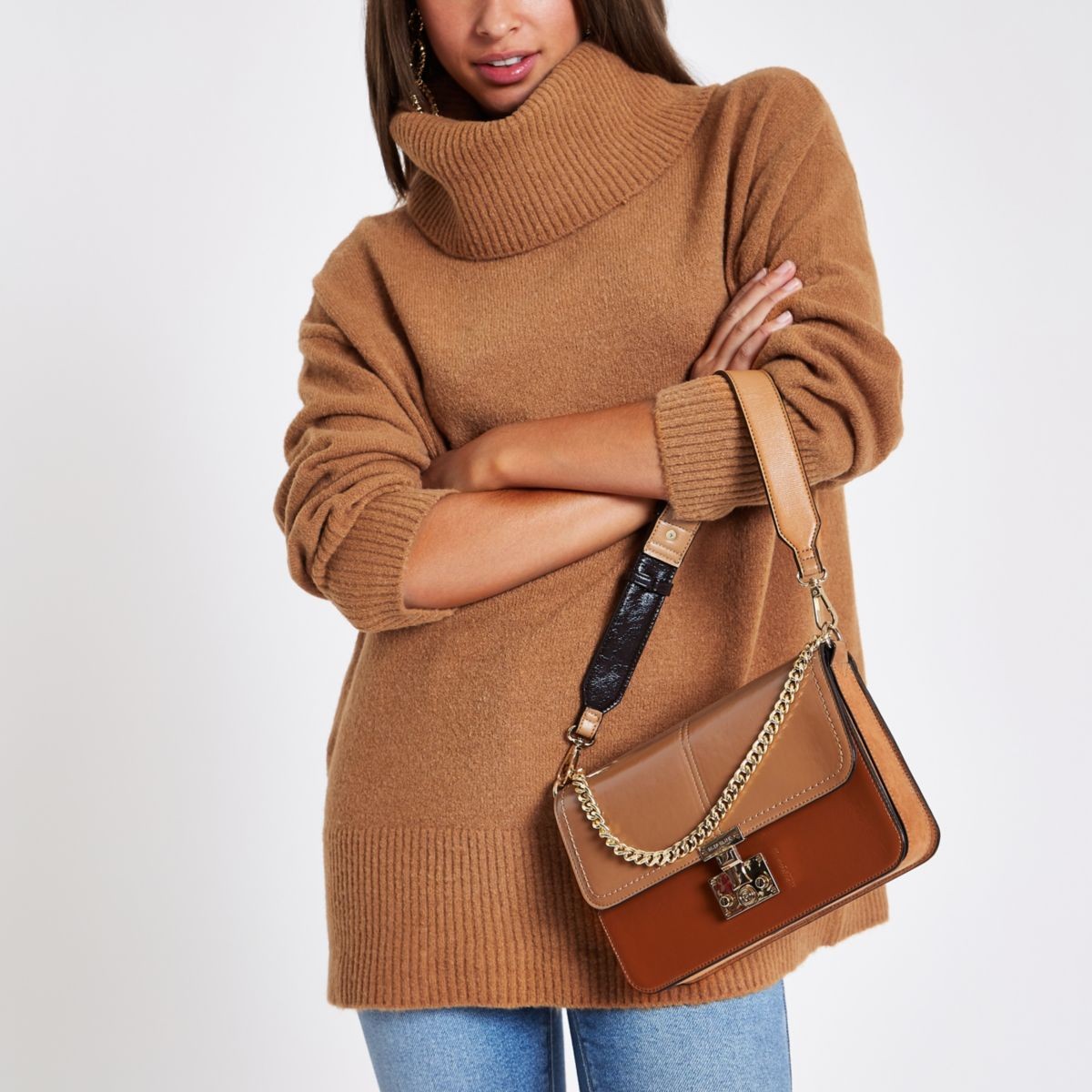 Brown oversized roll neck sweater | River Island (UK & IE)