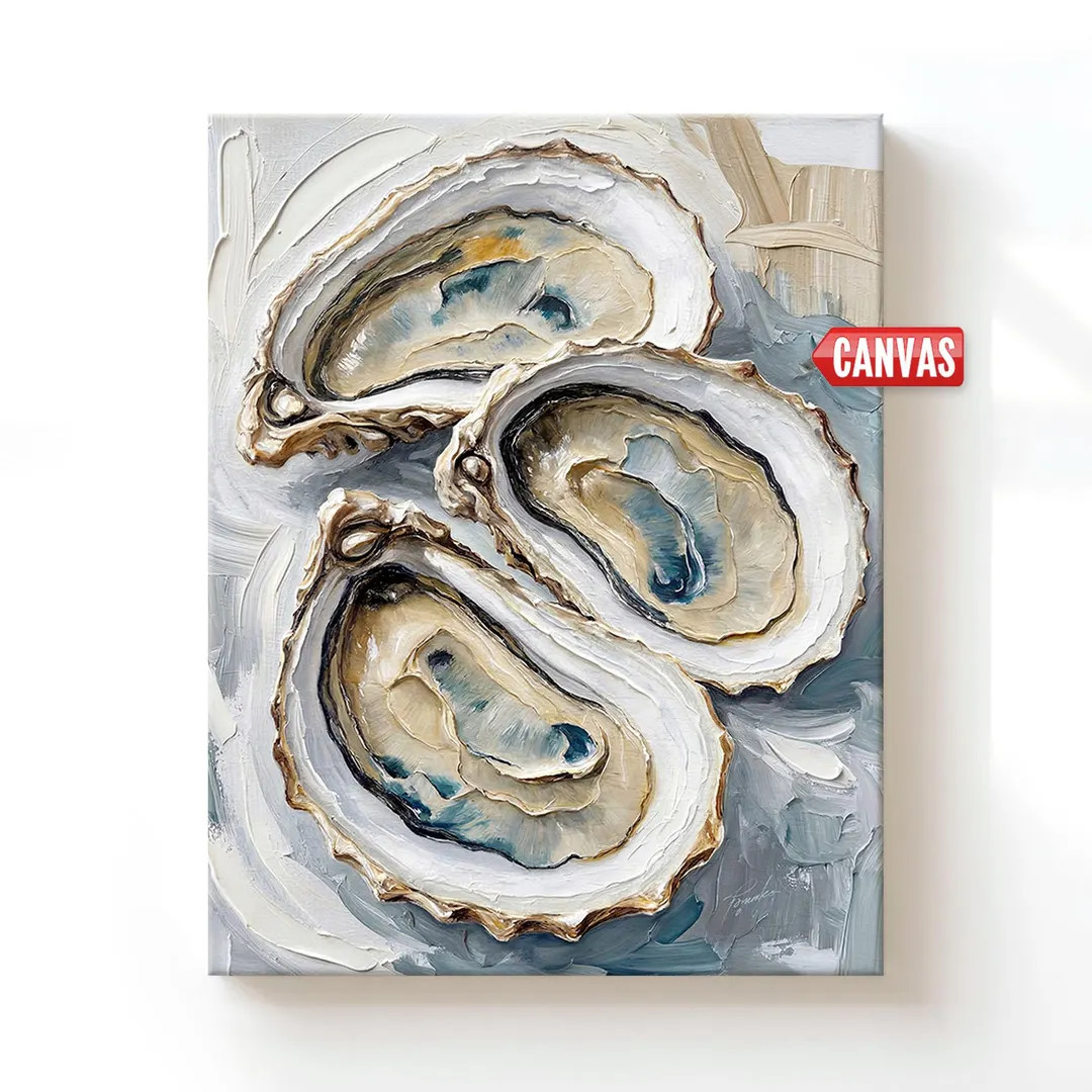 Nautical Oyster Shell Wall Art Print - Coastal Beach House Decor, Oil Painting, Sea Shells On Can... | Etsy (US)