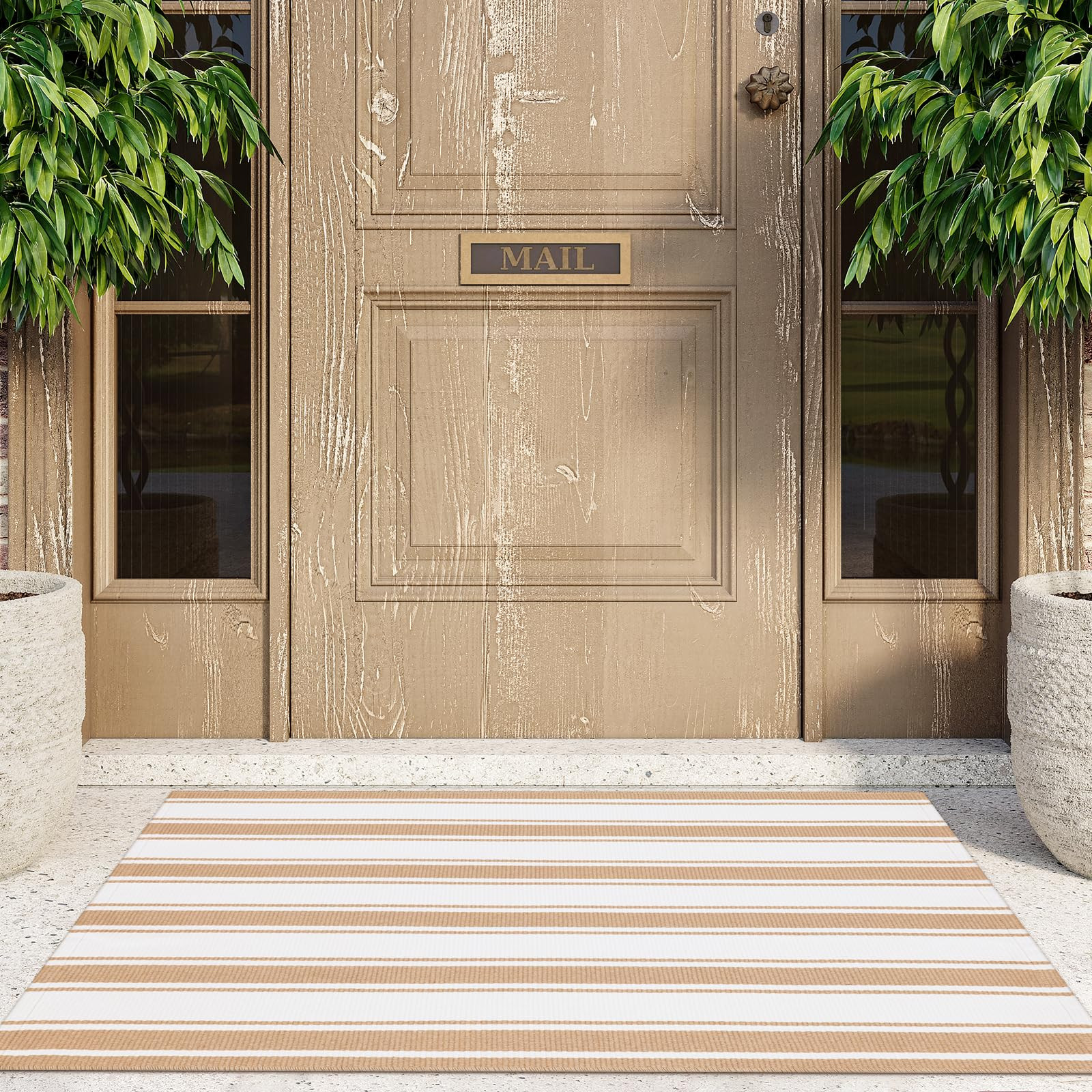 Front Door Mat Outdoor 27.5"x43",Washable Striped Outdoor Rug,Farmhouse Front Porch Rug Decor,Layered Door mats Outdoor,Cotton Entryway Rug for Indoor Entrance,Khaki | Amazon (US)