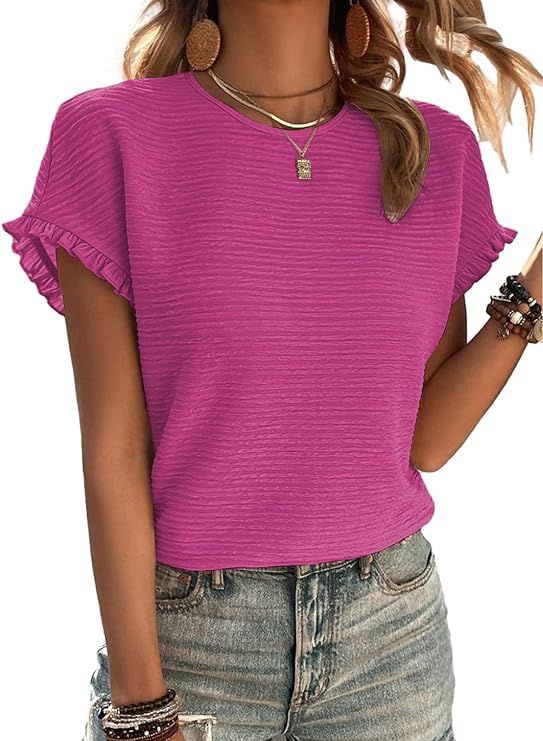 Samefar Womens Short Sleeve Tops Round Neck Ruffle Casual Summer Textured Work T Shirts Tee Blous... | Amazon (US)