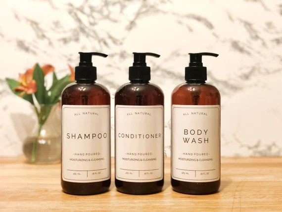 8oz or 16oz Refillable Plastic Amber Bottles (Shampoo, Conditioner, Lotion, Soap, Sanitizer) with... | Etsy (US)