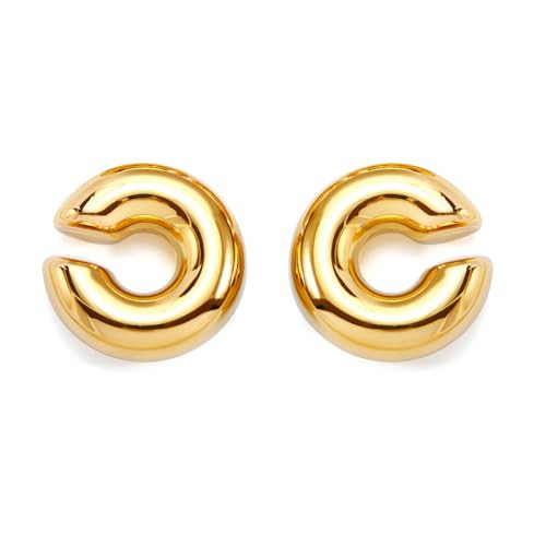 ORIGENCE Chunky Gold Hoops Earrings for Women 18K Gold Plated Ear Cuffs Non Piercing Open Hoop Earrings Oversized Stainless Steel Earrings Hollow Chunky Hoops Trendy Jewelry | Amazon (US)