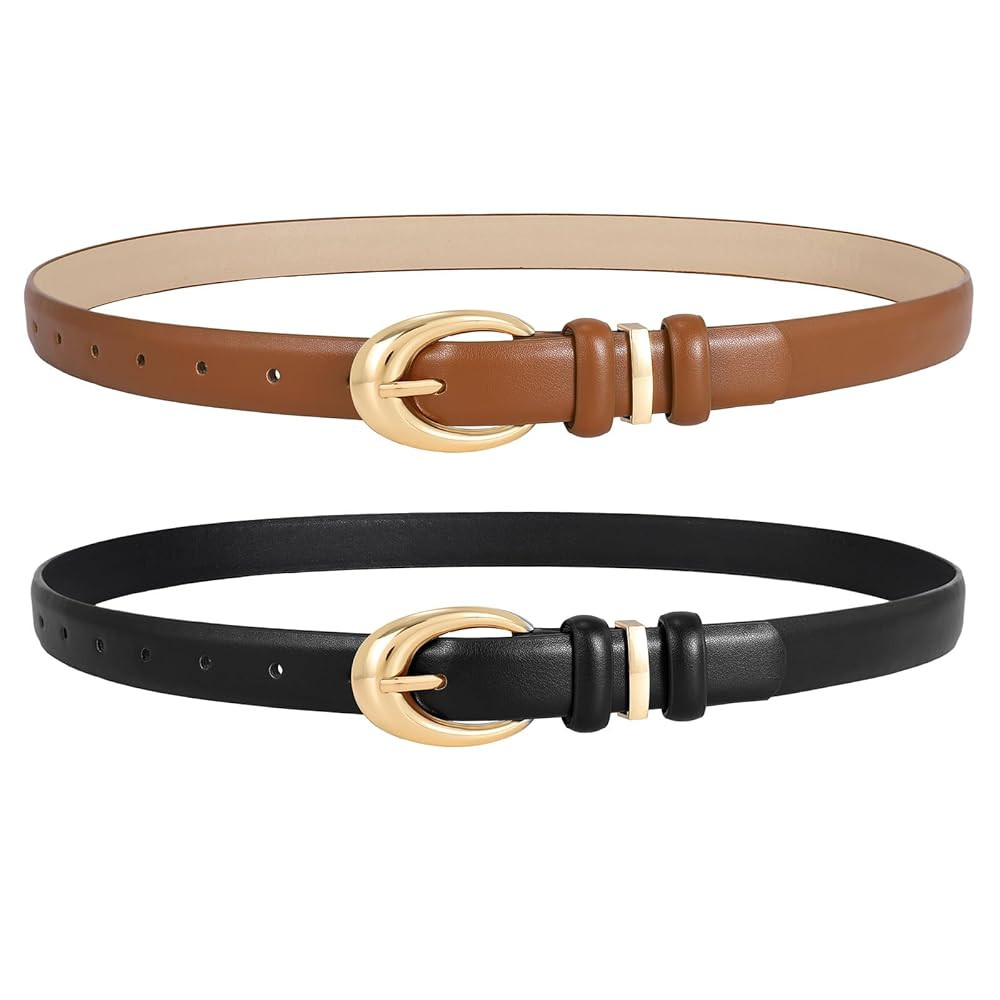 LEACOOLKEY 2 Pack Women Leather Belts for Jeans Dress Fashion Ladies Belt with Gold Silver Buckle | Amazon (US)