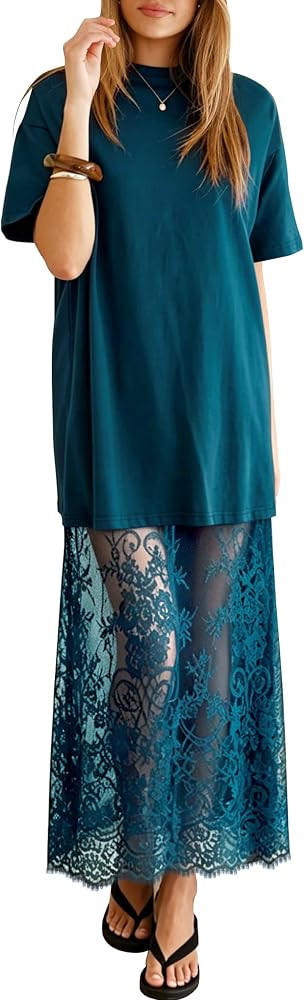 miduo Womens Summer Short Sleeve Crewneck Lace Patchwork Maxi Dresses | Amazon (US)