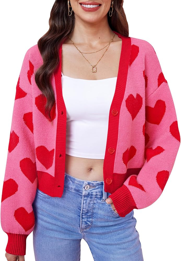 Women's Valentine's St Patrick's Day Cute Y2K Cropped Cardigan Long Sleeve Button Down Heart Swea... | Amazon (US)