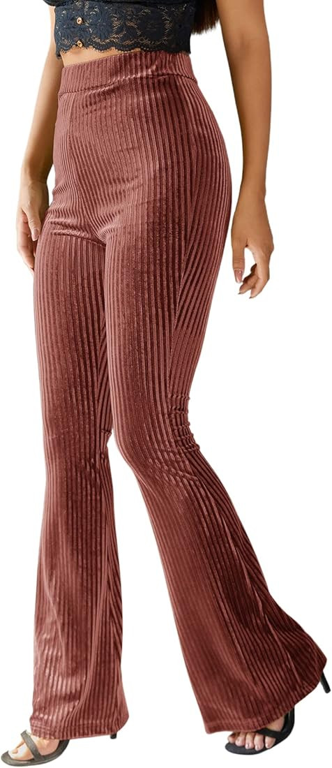 Floerns Women's Velvet Elastic Waist Flare Leg Palazzo Long Pants Trousers | Amazon (US)