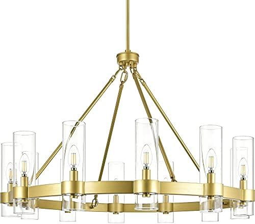 Linea di Liara Teramo Satin Brass Metal Wagon Wheel Chandelier - Large Round Dining Room Light - ... | Amazon (US)