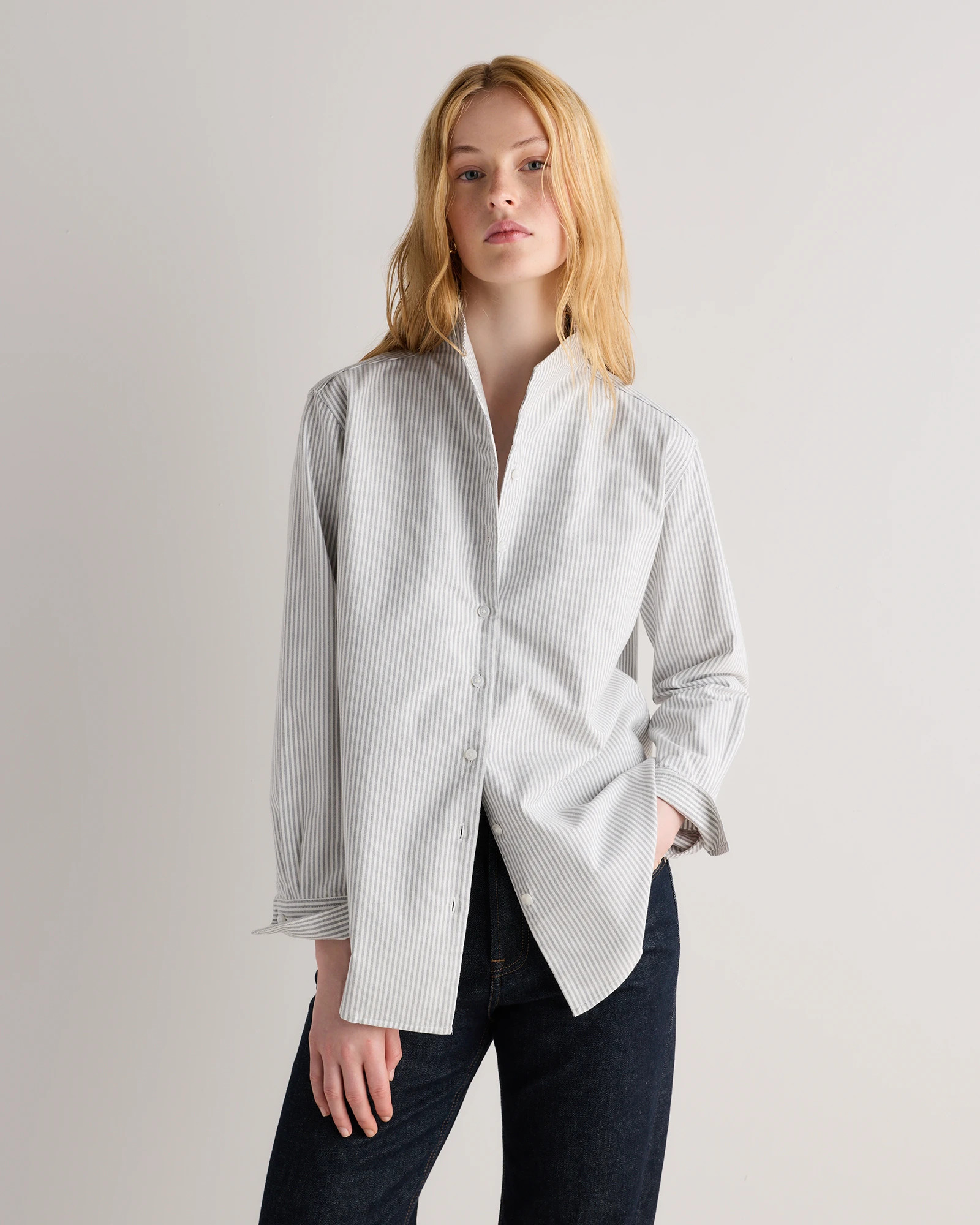 Organic Cotton Oxford Stand Collar Shirt in Black Midtown Stripe | Quince