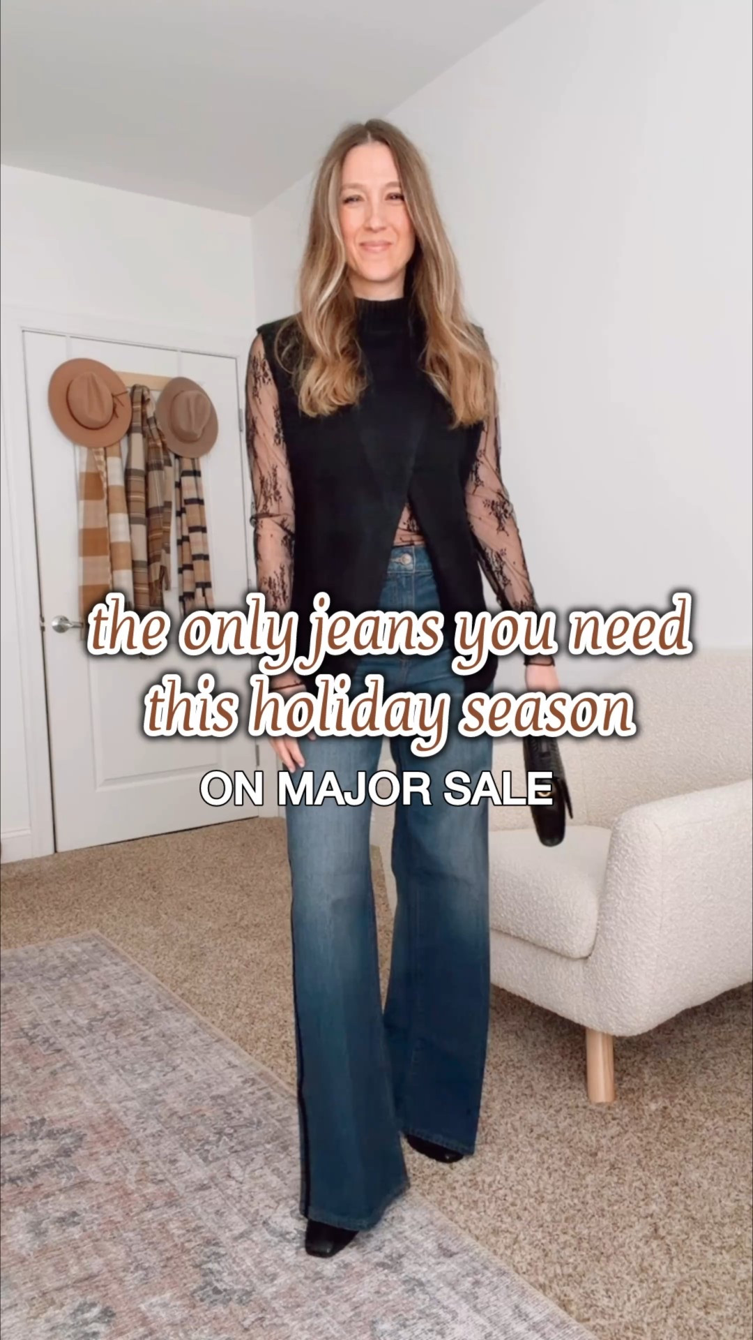 I bought these jeans the second I saw them! They’re perfect for holiday, date night and nights out in NYC! They come in three and seems. I’m wearing my true size in the regular length here with a heel. I’m 5’4 for reference  