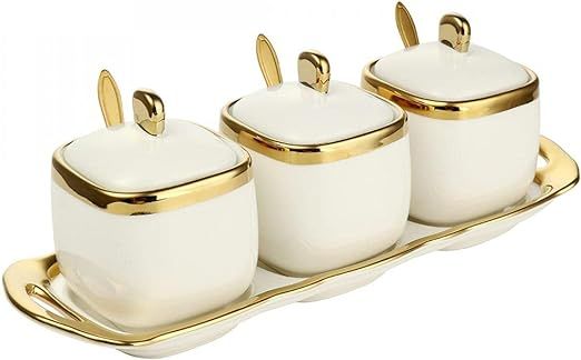 Set of 3 Porcelain Condiment Jar Spice Container with Lids, Ceramic Sugar Bowls Condiment Pots Sp... | Amazon (US)