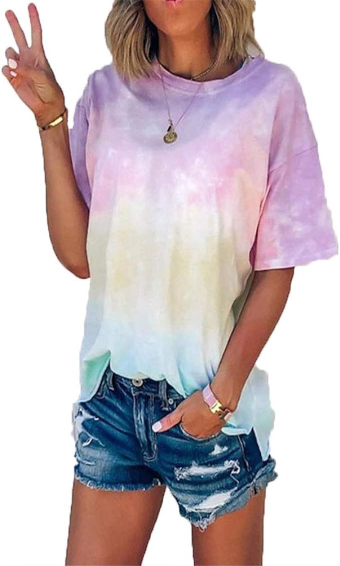 Women Summer Round Collar T Shirts Cute Short Sleeve Tie Dye Casual Tops Tees | Amazon (US)