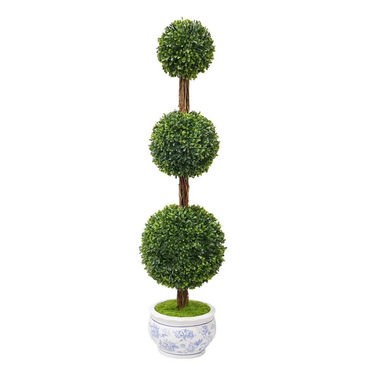 My Texas House 3' Boxwood Artificial Topiary with Blue Floral Pot | Walmart (US)