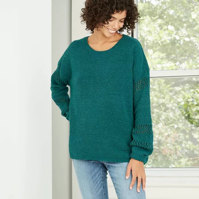 Women's Crewneck Chenille Pullover Sweater with Pointelle Sleeves - Knox Rose™ | Target
