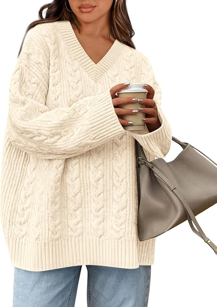 Okiwam Women's Oversized Sweaters Fall 2025 Long Sleeve V Neck Cable Knit Pullover Tops Chunky Tr... | Amazon (US)