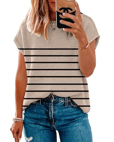 Women Striped Shirt Short Sleeve Sweater Tops Summer 2024 Sleeveless Sweater Vest Casual Knit Cap Sleeve Sweater Tanks Khaki S | Amazon (US)