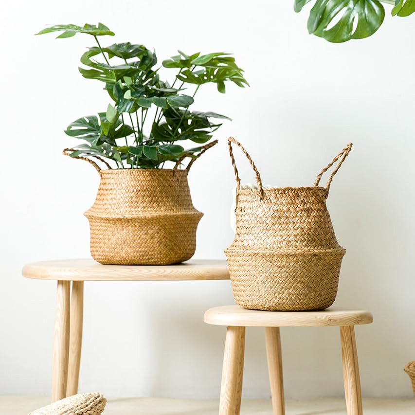 Candid Decor Medium 9.4"x7" Woven Seagrass Belly Basket Handmade with Handle – Perfect for Storage,  | Amazon (US)