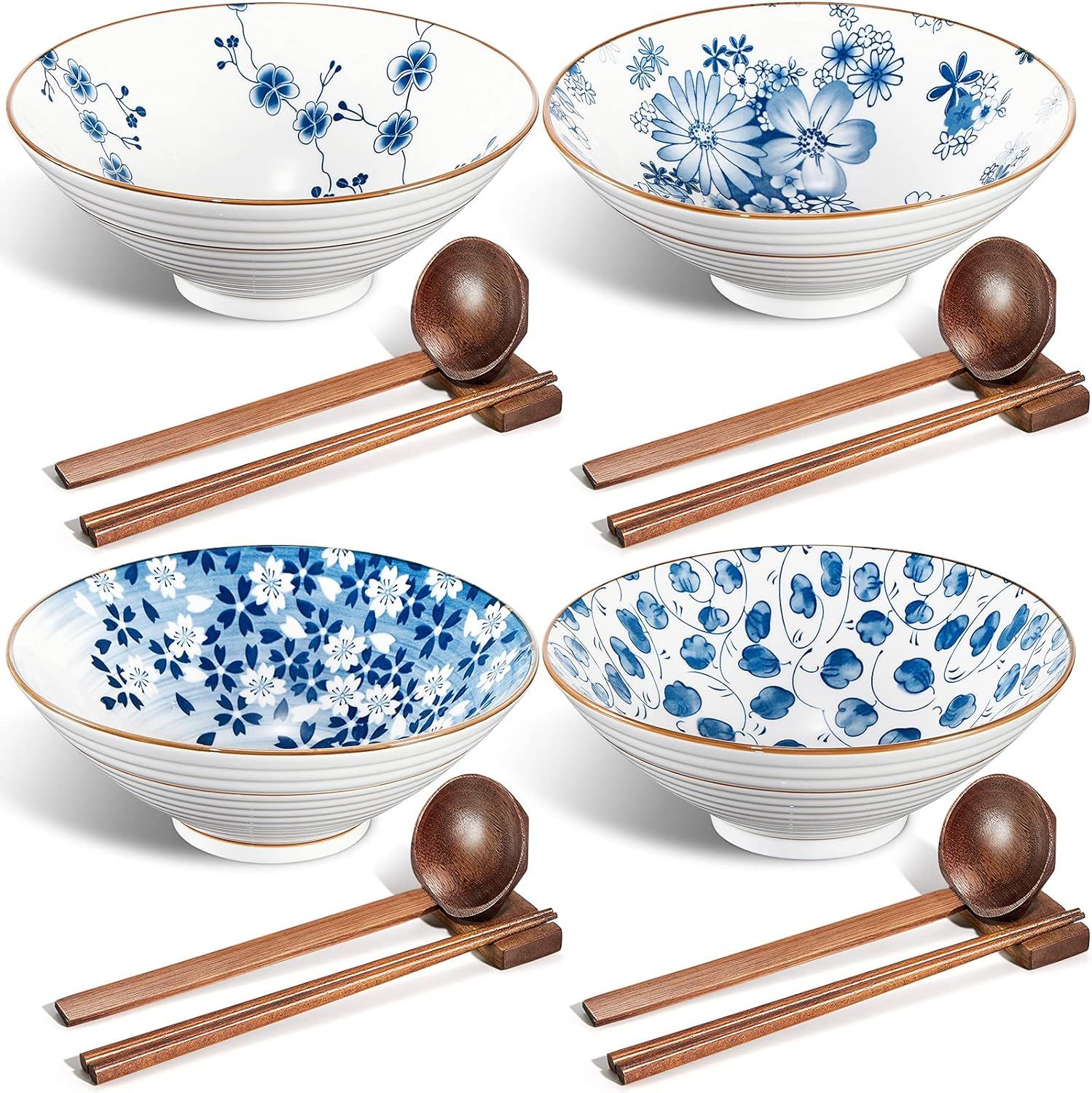 Ceramic Japanese Ramen Bowls, 4 Sets (16 Pieces) 40 Ounce Large Ceramic Noodle Serving Bowl with ... | Amazon (US)