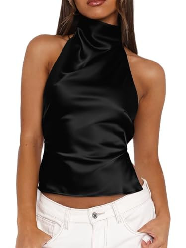 Matunana Women Satin Halter Tops - Going Out Tank Top, Mock Neck Backless Open Back Summer Black S | Amazon (US)