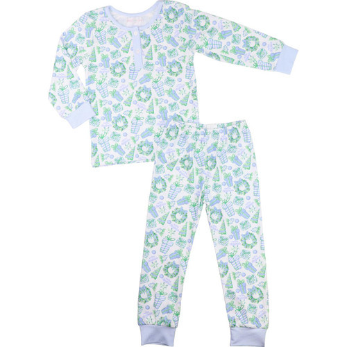 Blue And Green Holiday Print Knit Pajamas | Cecil and Lou