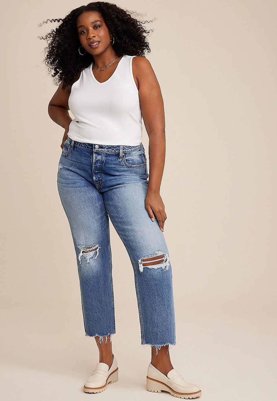 Plus Size Goldie Blues™ Brooklyn Relaxed High Rise Ripped Straight Jean | Maurices