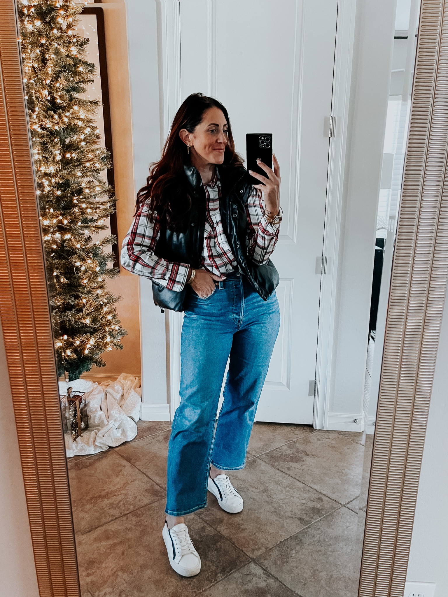 Plaid shirt on sale for $12, faux leather puffer vest 35% off, high waisted, rib cage straight leg jeans on sale (wearing size 27)
Holiday outfit idea 
Holiday style 

#LTKsalealert #LTKCyberWeek #LTKfindsunder50