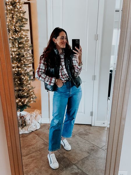 Plaid shirt on sale for $12, faux leather puffer vest 35% off, high waisted, rib cage straight leg jeans on sale (wearing size 27)
Holiday outfit idea 
Holiday style 

#LTKsalealert #LTKCyberWeek #LTKfindsunder50