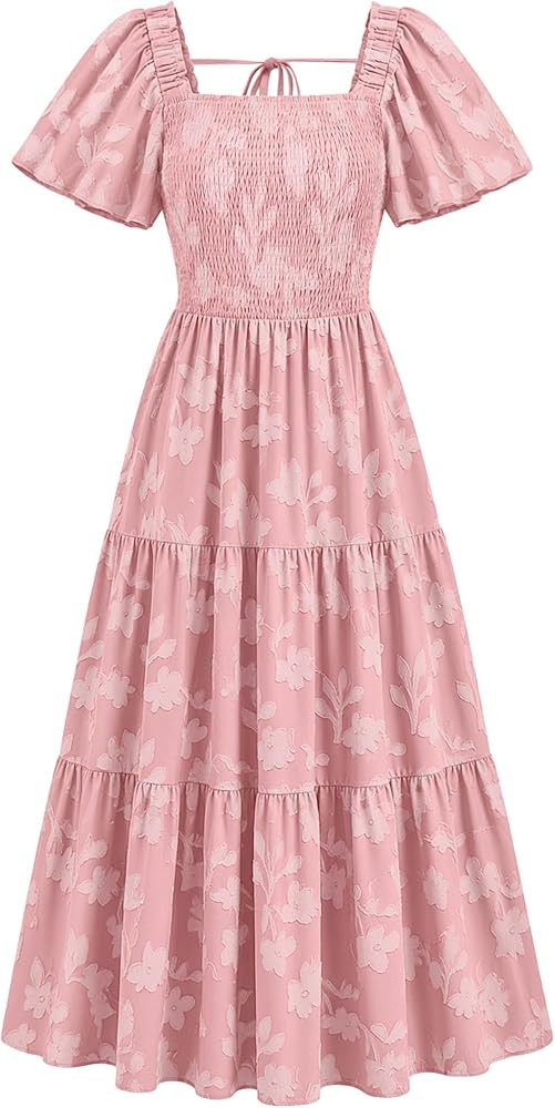 ZESICA Women\u2018s Summer Boho Floral Midi Dress 2026 Casual Short Sleeve Square Neck Flowy Beac... | Amazon (US)