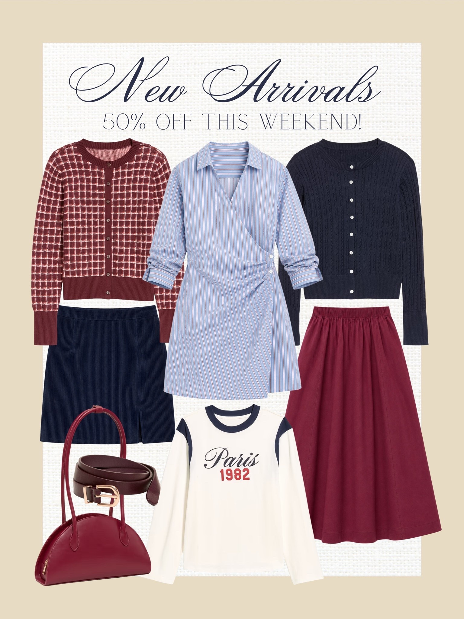 New arrivals are 50% off this weekend and I’m loving this preppy fall color palette ❤️ Navy, burgundy, soft blue stripes, corduroy, cable knits, and the cutest little Paris tee — so many easy pieces to mix and match now and wear into fall.

Old Navy new arrivals, 50% off sale, fall outfit ideas, preppy fall outfits, burgundy cardigan, navy cable knit cardigan, blue striped shirtdress, corduroy skirt, poplin midi skirt, Paris graphic tee, burgundy handbag, fall wardrobe staples, affordable fall fashion, midsize fall outfits, classic casual outfits, transitional outfits for fall