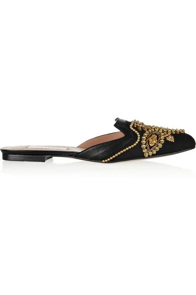 Spanish Mule embellished linen and leather slippers | NET-A-PORTER (US)