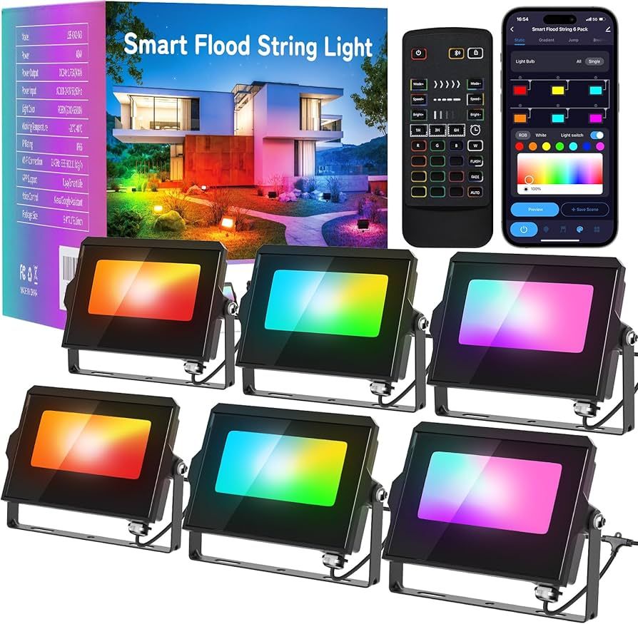 ALFELE RGBCW Flood Lights Outdoor 48W,Halloween Lights 6 in 1,Smart Color Changing Low Voltage La... | Amazon (US)