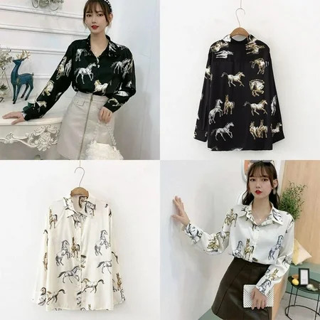 Women Button Down Shirt Dress Satin Horse Print Long Sleeves Lapel Elegant Blouse Office Lady Shirt | Walmart (US)