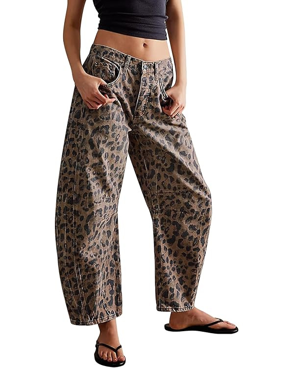 Kedera Women's Baggy Barrel Jeans Casual Boyfriend Mid Rise Leopard Printed Wide Leg Denim Ankle ... | Amazon (US)