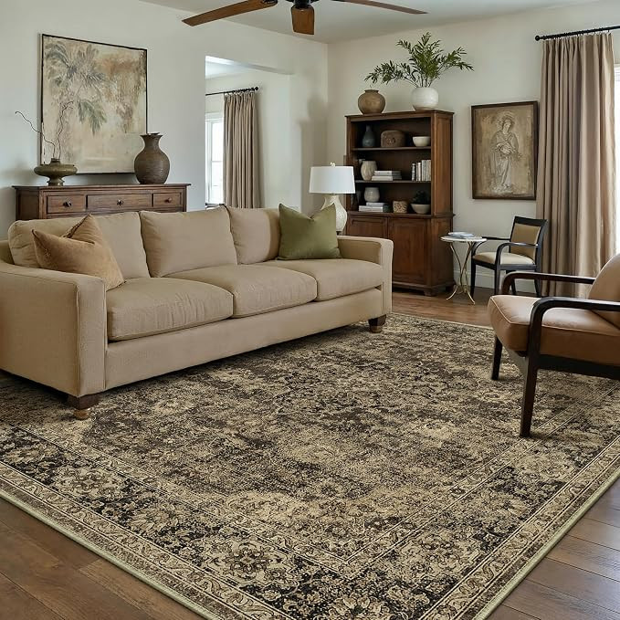 Retro Brown Area Rug 8x10 Machine Washable Living Room Rugs Distressed Vintage Floral Low Pile Ca... | Amazon (US)