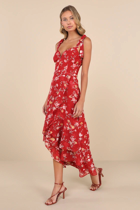 So Elevated Red Floral Jacquard Tie-Strap High-Low Midi Dress | Lulus