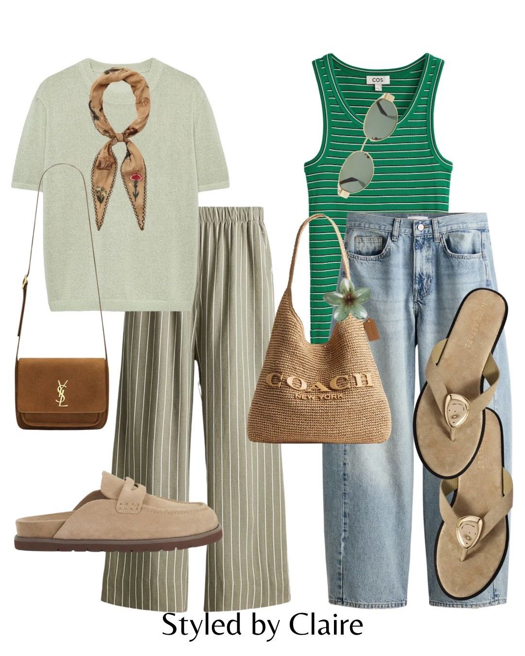 GREEN TONES🧚🏼
Tags: Zara sage knit T-shirt top stripe linen trousers H&M dune London taupe suede mules backless neutral ysl suede bag silk scarf barrel jeans contrast tank COS tee sandals mint velvet coach raffia tote bag hair claw flower fashion spring summer inspo outfit ideas chic women’s style city break capsule wardrobe ootd trends

#LTKspring #LTKstyletip #LTKsummer