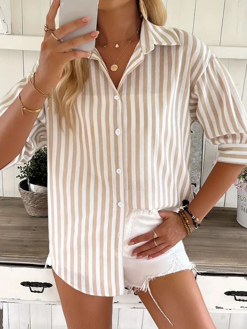 Striped Print Button Up Loose Shirt, Vacation Short Sleeve Drop Shoulder Collared Shirt, Women's ... | Temu Affiliate Program