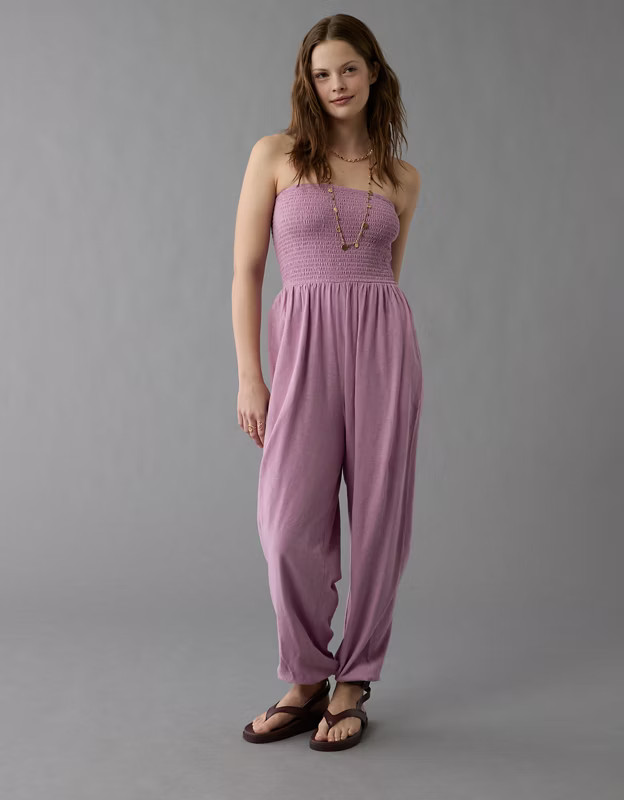 AE Sunchaser Knit Smocked Tube Jumpsuit | American Eagle Outfitters (US & CA)