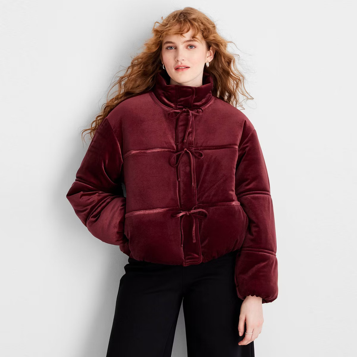 Women's Velvet Bow-Tie Puffer Jacket - Future Collective Burgundy | Target
