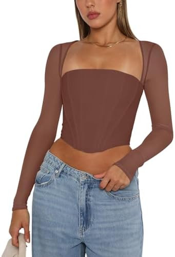 REORIA Women's Sexy Mesh Long Sleeve Boned Corset Top Trendy Y2K Square Neck Going Out Bustier Cr... | Amazon (US)
