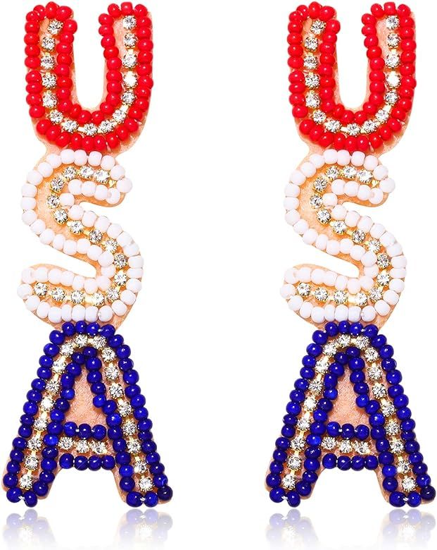 American Flag Earrings 4th of July Earrings for Women Beaded Heart Star Flag Dangle Drop Earrings Ha | Amazon (US)