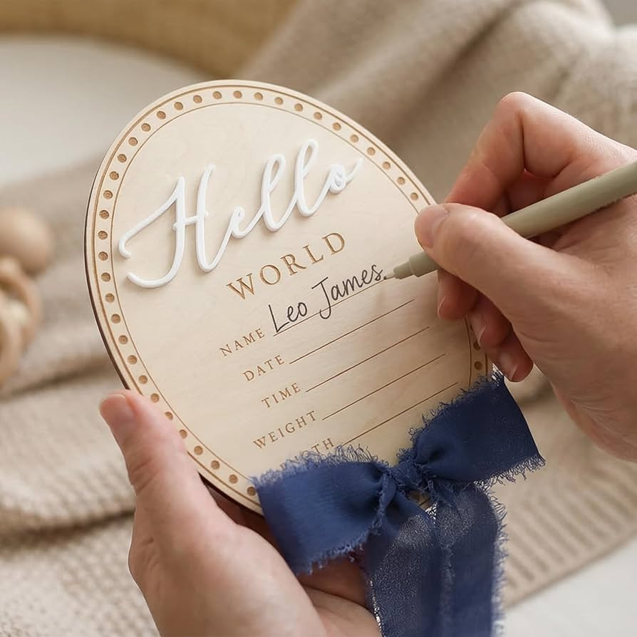 Baby Announcement Sign 6.5 Inch Wooden Hello World Newborn Welcome Sign Birth Name Plaques for Ph... | Amazon (US)