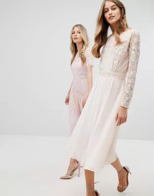 Amelia Rose Embroidered Long Sleeve Midi Dress With Plunge Back Detail | ASOS (Global)