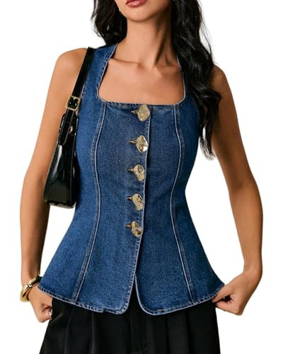 EZAPINE Women's Metal Button Front Denim Tank Top Sleeveless Square Neck Slim Fit Jean Vest | Amazon (US)
