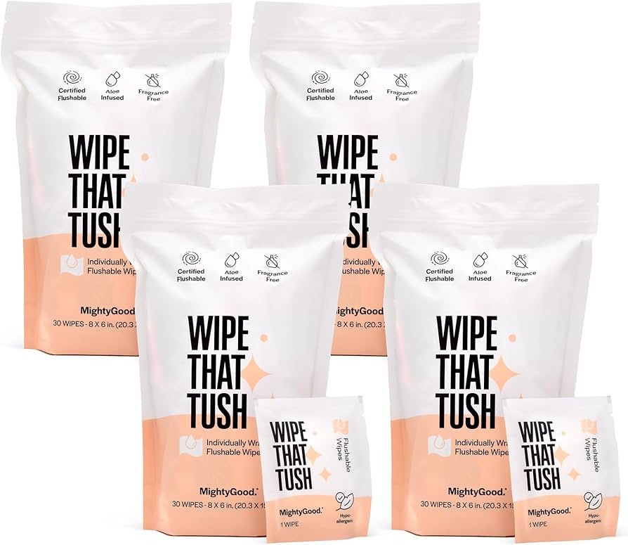 MightyGood. Wipe That Tush On-The-Go Flushable Hypoallergenic Wet Wipes - 4 Pack, 120 Wipes - Ind... | Amazon (US)