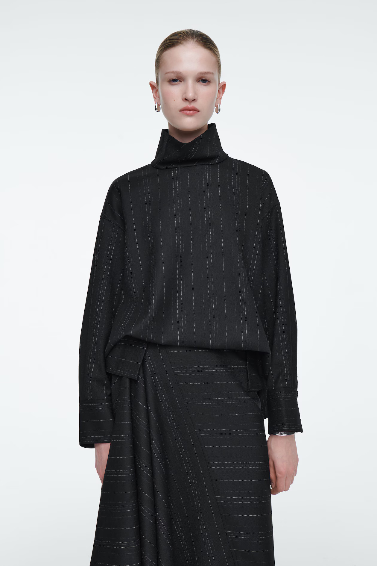 PINSTRIPED FUNNEL-NECK BLOUSE - BLACK / PINSTRIPED | COS (AU)