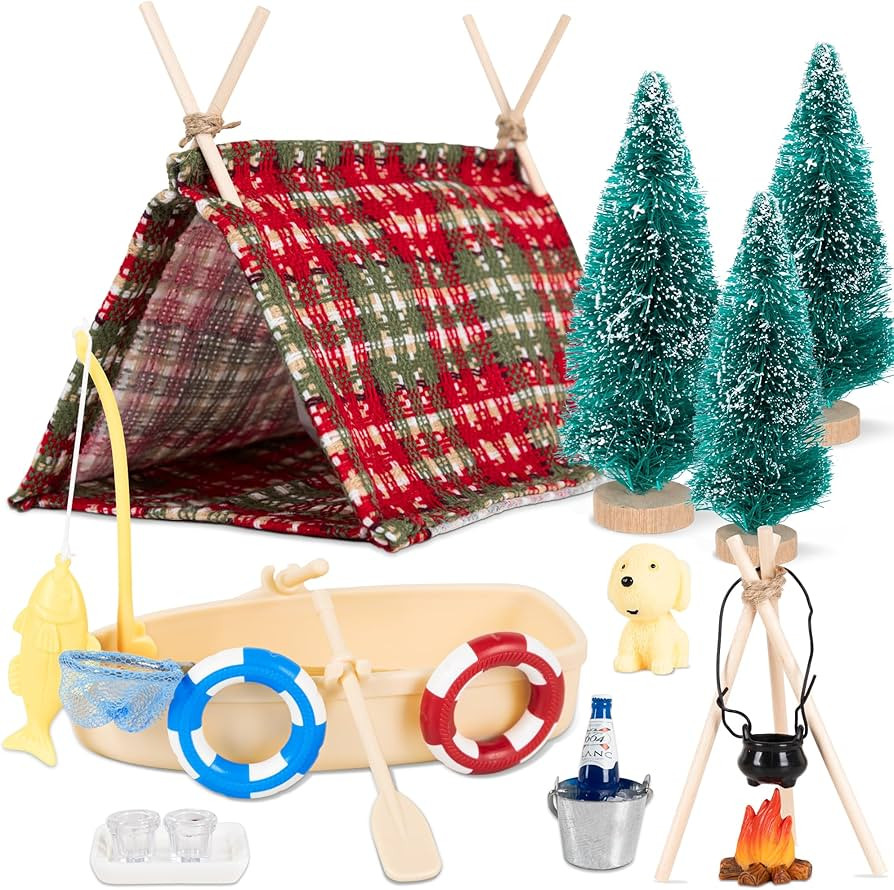 20Pcs Christmas Elf Doll Accessories Kit - Fishing Camping Set Include Tent, Christmas Trees, Fis... | Amazon (US)