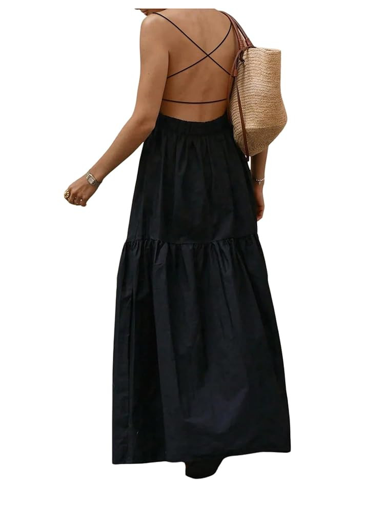 SOLY HUX Women's Summer Maxi Dress Criss Cross Backless Spaghetti Strap Ruffle Flowy Long Cami Dr... | Amazon (US)