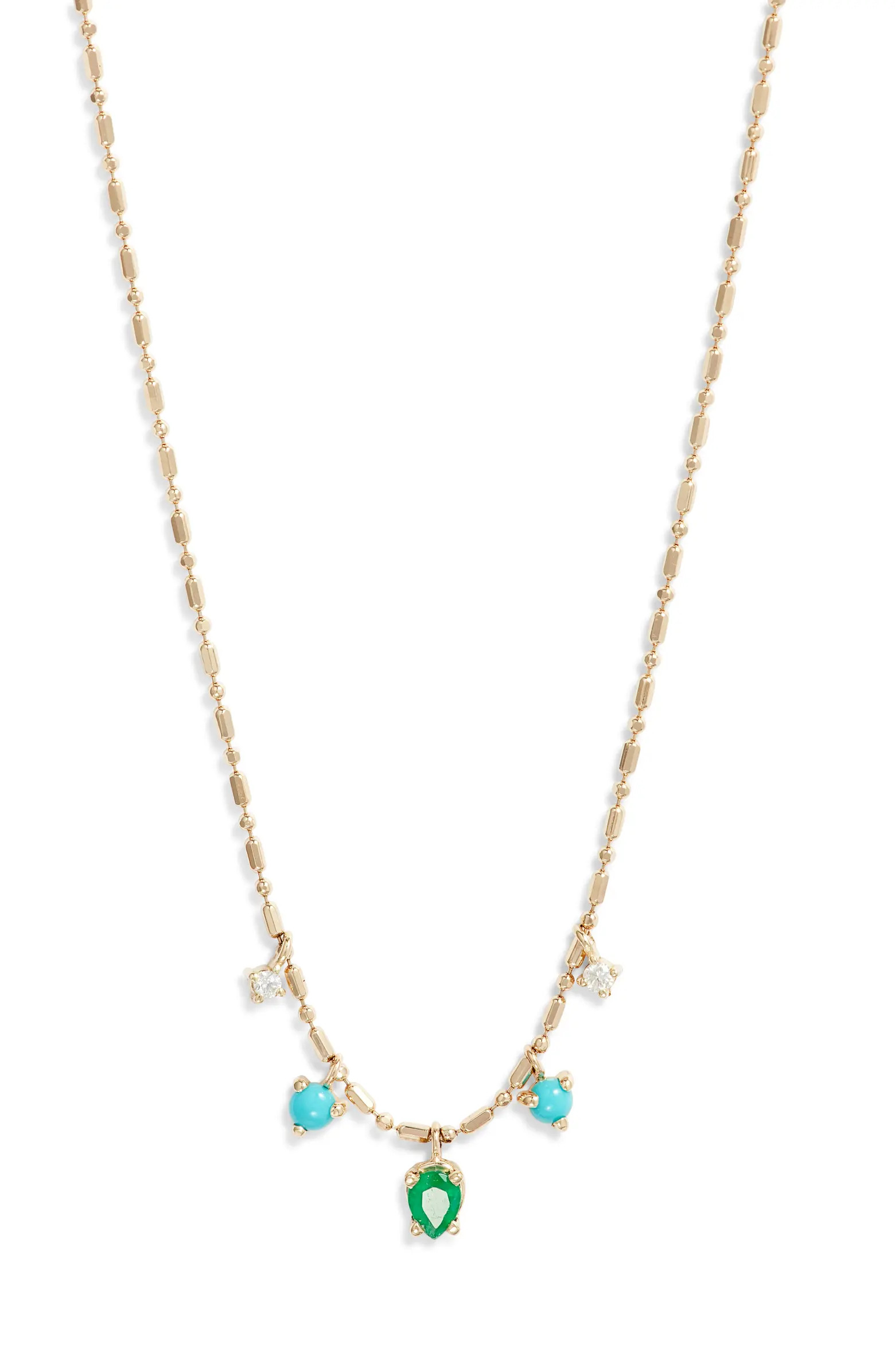 Zoë Chicco 14K Gold Emerald, Diamond & Turquoise Pendant Tube Bar Chain Necklace | Nordstrom | Nordstrom