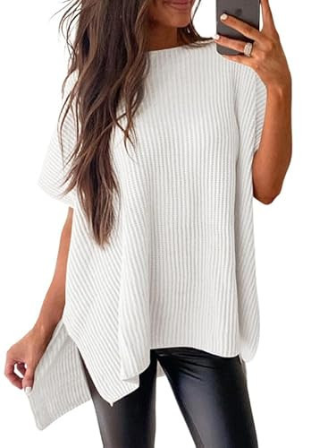 SHEWIN Sweaters for Women Crew Neck Short Sleeve Sweater for Women Lightweight Womens Tops Dressy Casual Pullover Oversized Shirts Knit Teacher Outfits Womens Summer Tops White Medium | Amazon (US)